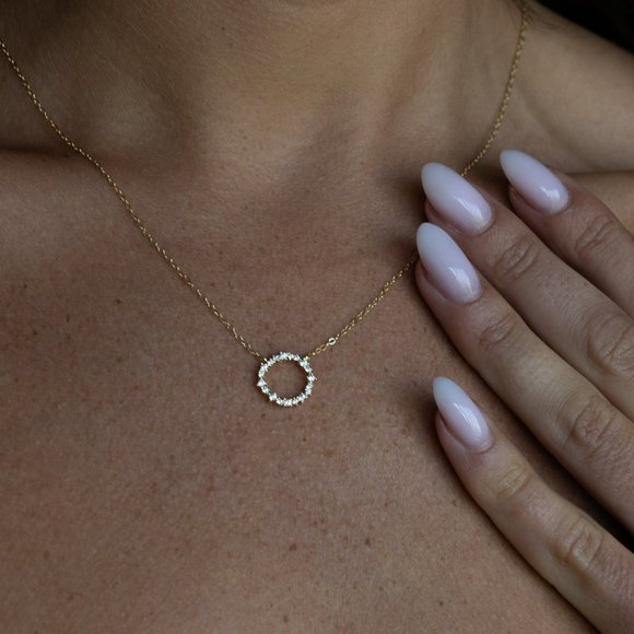 Gold Pave Circle Necklace, Silver Pave Circle Necklace - Picture 1 of 9
